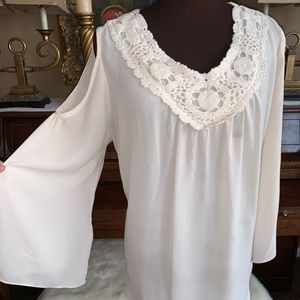 Flowy Blouse Flare Cutout Sleeves Crochet Detail